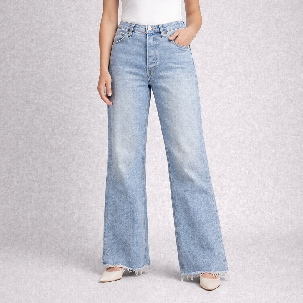 RE/DONE Wide Leg Flare Jeans Raw Hem Women's 30 High Rise Button Fly Denim